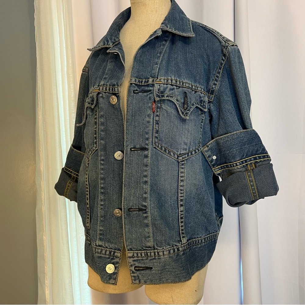 LEVIS WOMENS DENIM LONG SLEEVE BLUE JEAN BUTTON UP TRUCKER JACKET SIZE M